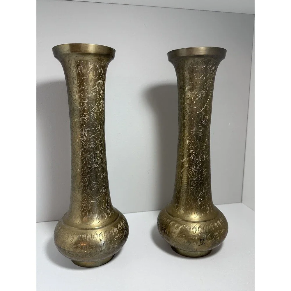 Vintage Pair Etched Brass Vases 11.5” Floral Engraved Made in India Boho Decor